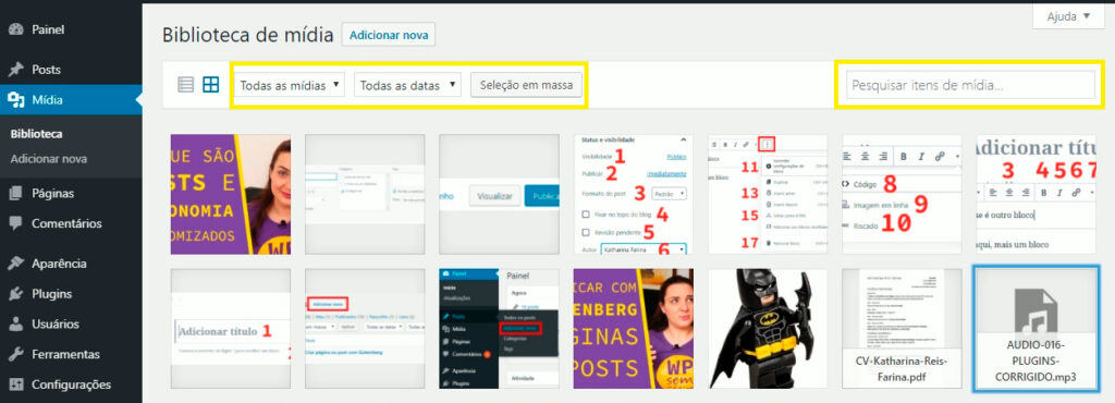 Media library with selection options (left) and search (right) selected in yellow