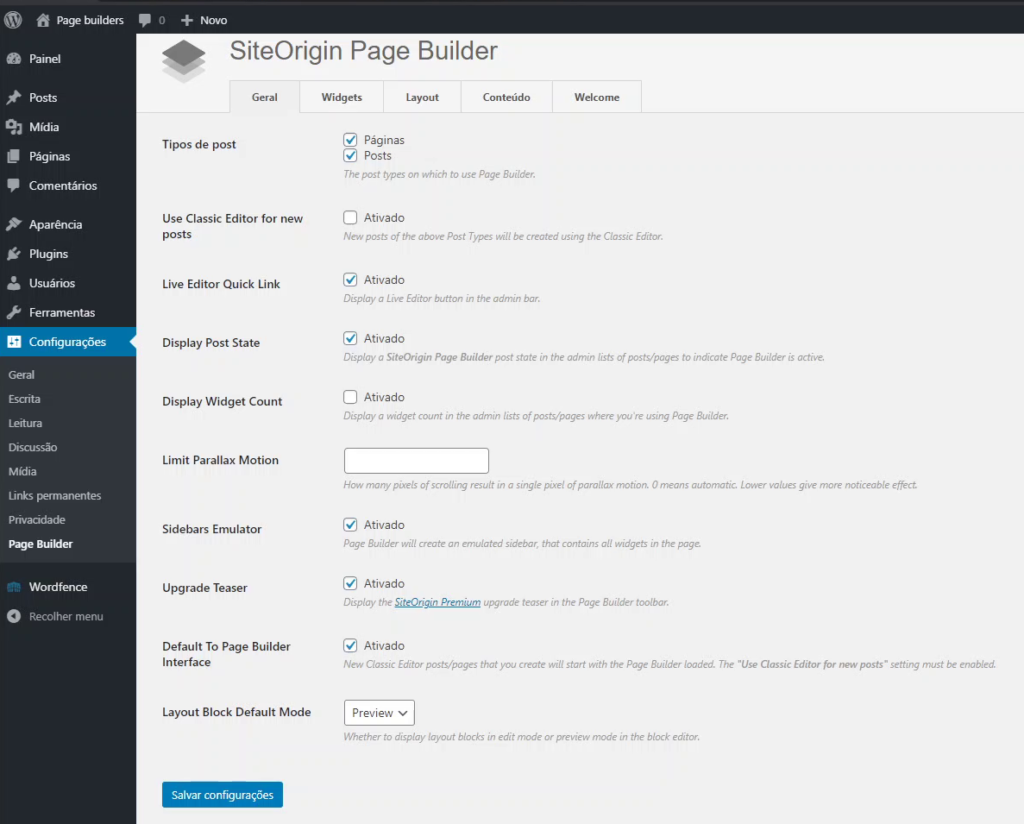 SiteOrigin page builder layout settings